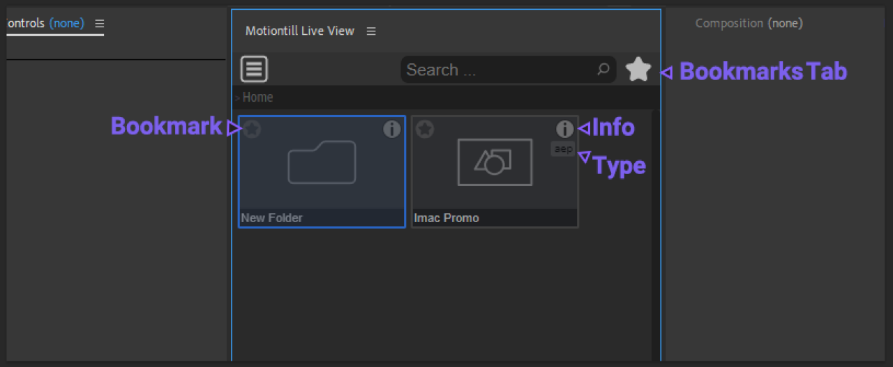 bookmark and info guide in motiontill liveview